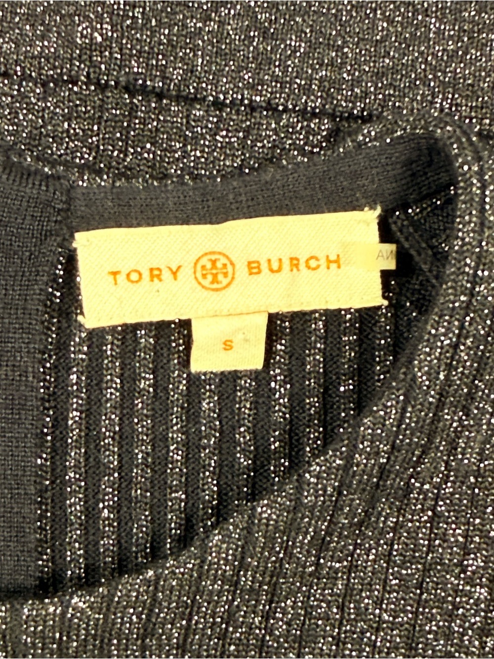 Tory Burch | Navy Blue Ribbed Short-Sleeve Metallic Knit Top - Silver Sparkle - Picture 11 of 14